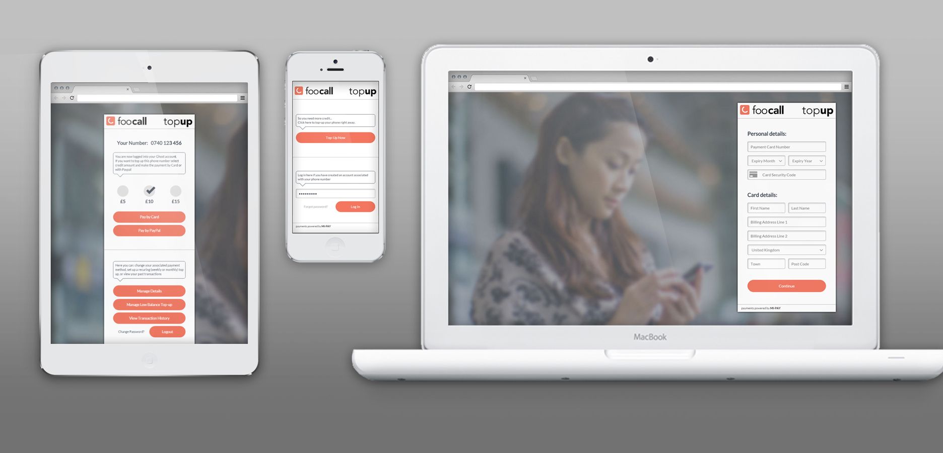 FooCall top-up on tablet, phone and laptop
